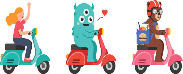 Naklejka premium Cute Flat Vector Illustration of a Happy Woman, a Three Eyed Monster, and a Bear Riding Colorful Scooters and Delivering Fast Food