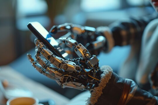 Robotic hands holding smartphone, showcasing advanced technology and innovation, with a cozy indoor setting, emphasizing the fusion of human interaction and digital devices