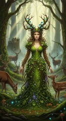 Fototapeta premium Forest guardian stands amidst a serene woodland filled with deer and glowing flora.