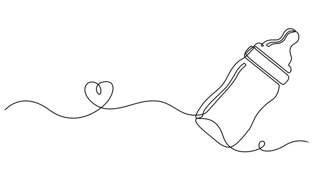Self drawing line animation bottle for feeding babies continuous one single line drawn concept video, One line drawing animation. Motion design. Animated technology logo. Video 4K, Full length one.