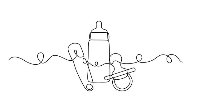 Self drawing line animation bottle for feeding babies with pacifier and clothespin continuous one single line drawn concept video, One line drawing animation. Motion design. Animated technology video.