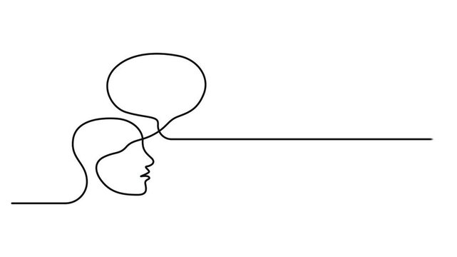 head of a man with speech bubble continuous one line drawing animation, Animated self drawing of continuous line draw. head of a man with speech bubble. Full length one line animation. 4K, Human head