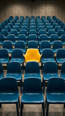 Naklejka premium One yellow seat stands out among rows of blue chairs in auditorium 