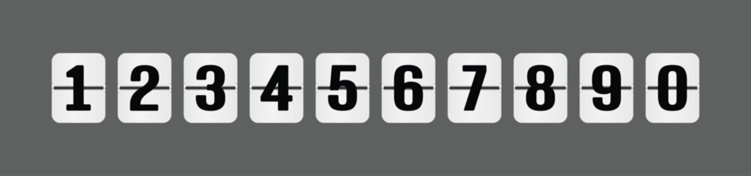 Digital flip numbers. 0 - 9 Numbers in flip clock and countdown counter style. Scoreboard vector ilustration