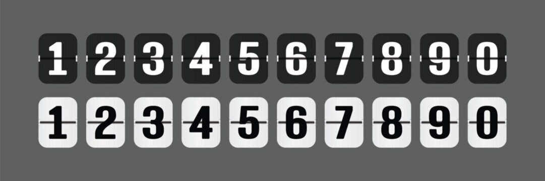 Digital flip numbers. 0 - 9 Numbers in flip clock and countdown counter style. Scoreboard vector ilustration