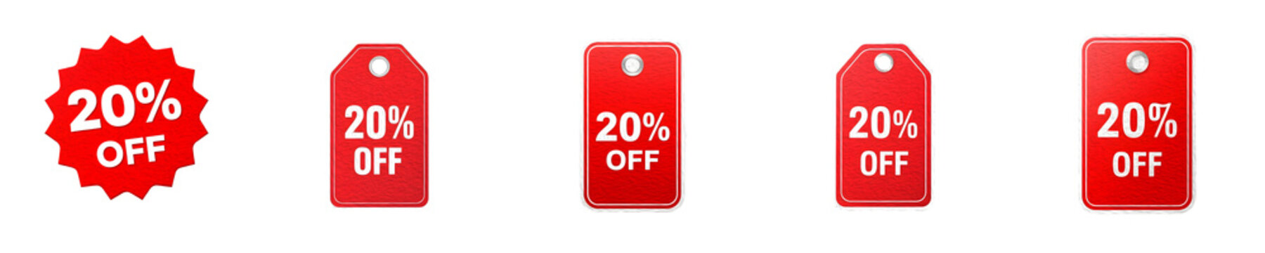 isolated set of red 20 % off sale tag bunner in white background high quality [PNG STOCK IMAGE].