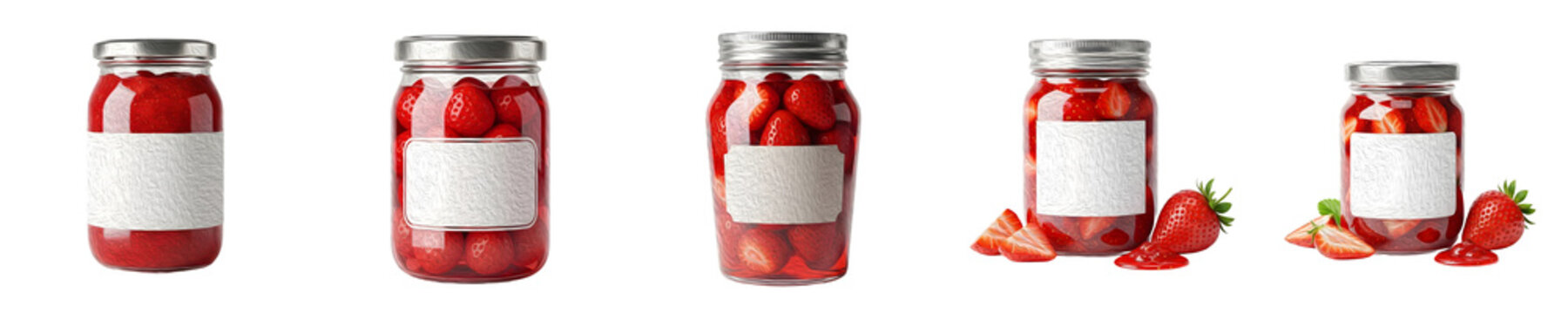 isolated set of the red jars of strawberry jam whit white empty bunner in white background [PNG STOCK].
