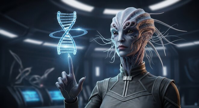Futuristic alien scientist examines a glowing holographic dna structure inside a spacecraft.