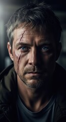 Obraz premium portrait of a serious man with a prominent facial scar and intense blue eyes.