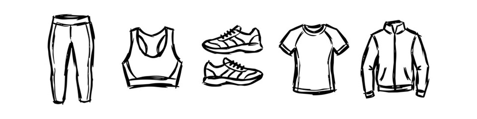 Naklejka premium Hand-drawn sketch of sports apparel and fitness gear including leggings, sports bra, sneakers, t-shirt, and jacket. Minimalist line art vector illustration of activewear collection on white.