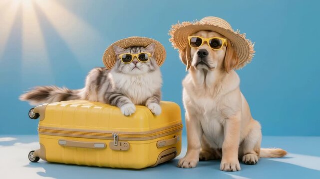 Cat and dog wearing sunglasses and straw hats pose with a bright suitcase, creating a humorous travel scene that represents summer vacation, fun adventure and playful pet concept.