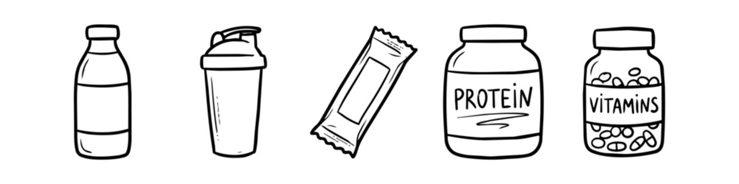 Hand-drawn doodle set of sports nutrition and fitness supplements, including protein powder, vitamin pills, energy bar, and shaker bottle. Minimalist black and white line art vector icons.