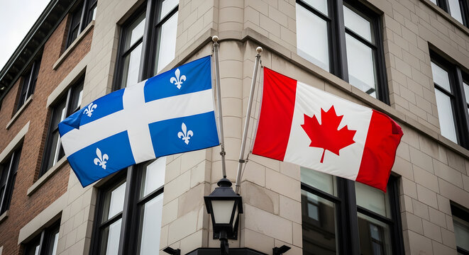 Celebrating canada day a vibrant display of canadian and quebec flags on a historic building