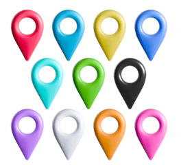 Multicolored map pointers isolated on transparent background. Used for navigation and location markers. © Yingko