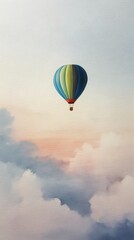 Fototapeta premium Lone hot air balloon drifts through pastel-colored clouds during golden hour