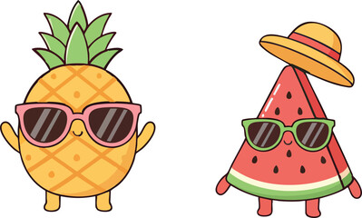 Obraz premium Cute Pineapple and Watermelon Characters Wearing Sunglasses, Kawaii Summer Fruit Cartoon Illustration