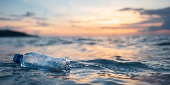 Ocean pollution symbol: plastic bottle drifting at sunset