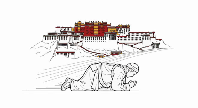 A monk prostrates before a grand palace perched on a hill under a white sky