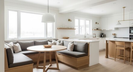 Fototapeta premium Modern kitchen interior features a cozy dining nook with built-in bench seating and a round wooden table.