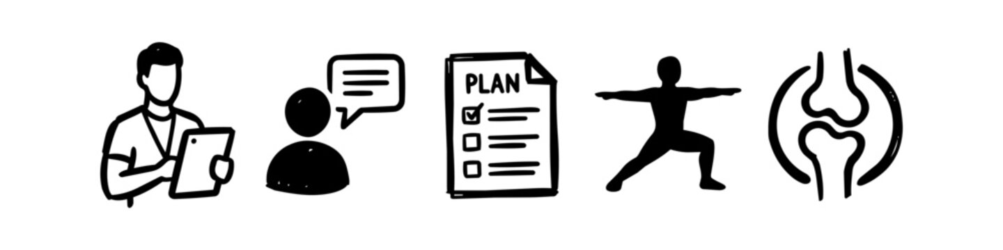 Set of hand-drawn physiotherapy and rehabilitation icons featuring a specialist, consultation, medical plan, yoga pose, and joint health. Perfect for healthcare and wellness designs.