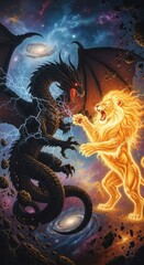 Obraz premium Majestic black dragon and radiant golden lion engage in an epic celestial battle amidst a cosmic background.