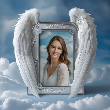 Memorial photo frame sky blue cloudy background with angel wings