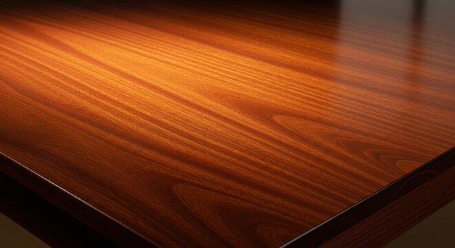 Close up of a polished mahogany tabletop showcasing rich wood grain and lustrous sheen, perfect for elegant furniture design inspiration.