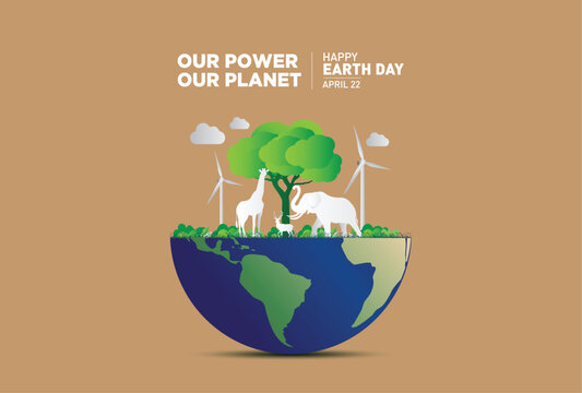 Our power, our planet. Earth day 2026 vector concept background. Ecology concept. Design with globe map drawing and leaves isolated on white background.