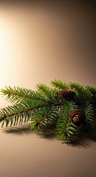 A very simple, rustic holiday setup featuring an undecorated evergreen branch and soft, natural light, emphasizing quiet reflection, serene, rustic, clarity