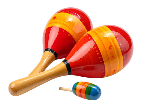 Two vibrant red and yellow maracas with a mini rainbow shaker