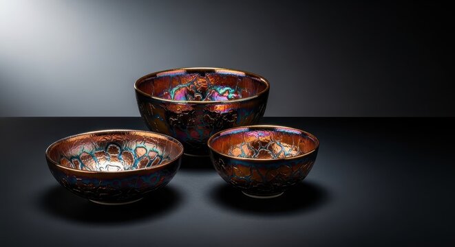 Abstract still life featuring handmade Raku ceramic bowls with iridescent copper and crackle glazes on a dark surface, black, wabi sabi, bowl