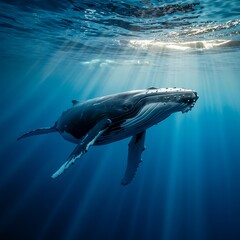 Fototapeta premium A humpback whale swims underwater with sunbeams shining through the ocean surface