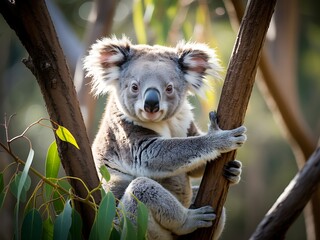 Obraz premium A koala bear climbing on a tree branch in a forest with green leaves