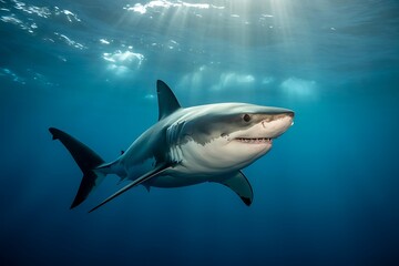 Naklejka premium A large gray shark swims underwater with sunlight shining through the ocean surface above
