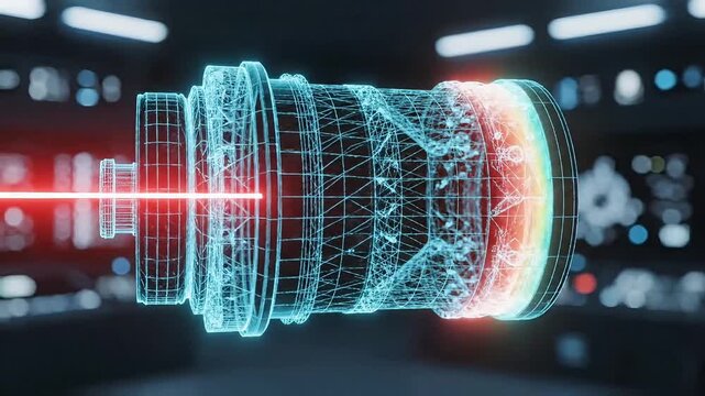 Futuristic engine schematic glowing with internal energy and red laser beam