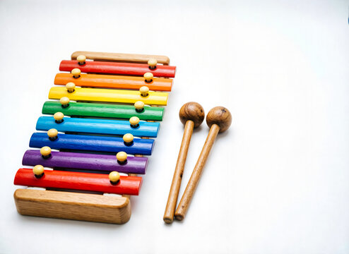 children's wooden xylophone with two wooden mallets on white