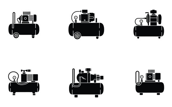 Air compressor icon set silhouettes vector illustration modern flat design equipment tools for industrial and mechanical applications.