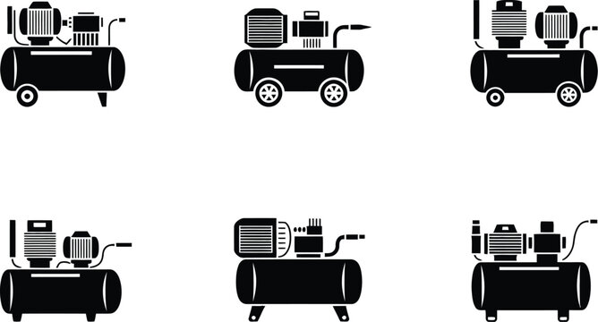 Air compressor icon set silhouettes vector illustration modern flat design equipment tools for industrial and mechanical applications.