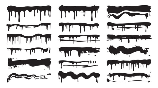 Collection of black paint strokes and dripping ink elements for design borders and backgrounds