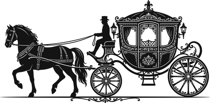 Vintage horse carriage illustration with ornate royal coach and driver