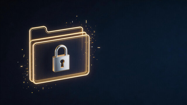 Glowing 3D digital folder protected by a metal padlock on dark blue background, data privacy and cybersecurity concept.