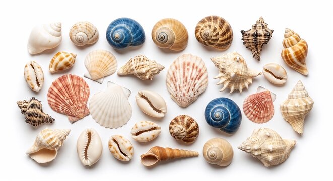Diverse Collection of Seashells and Snail Shells. Features cobalt blue snail shells as striking focal points. Natural earth tones mixed with vibrant accents on white