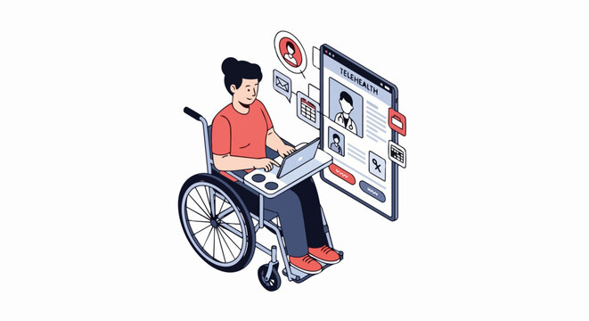 Isometric Telehealth Illustration of a Woman in a Wheelchair Consulting an Online Doctor via Laptop and Mobile Phone for Digital Healthcare and Accessibility Concepts