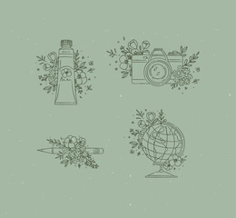 Paint tube, camera, pencil, globe with floral arrangement drawing in graphic style on green background © anna42f