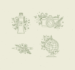 Paint tube, camera, pencil, globe with floral arrangement drawing in graphic style with green color on beige background © anna42f