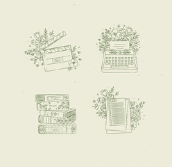Clapperboard, typewriter, stack of books, paper checklist with floral arrangement drawing in graphic style with green color on beige background © anna42f