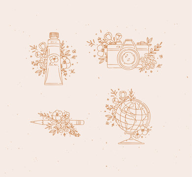 Paint tube, camera, pencil, globe with floral arrangement drawing in graphic style on beige background