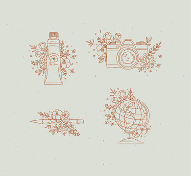Paint tube, camera, pencil, globe with floral arrangement drawing in graphic style with coral color on light background