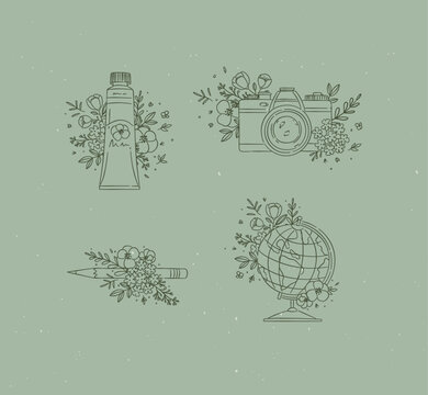 Paint tube, camera, pencil, globe with floral arrangement drawing in graphic style on green background