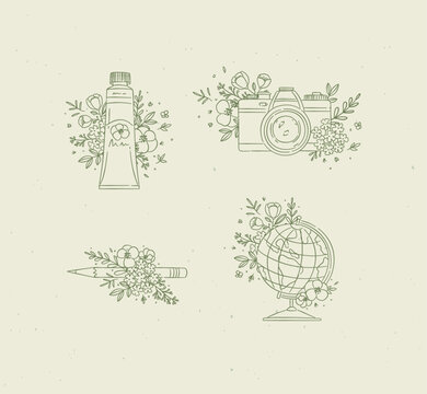 Paint tube, camera, pencil, globe with floral arrangement drawing in graphic style with green color on beige background